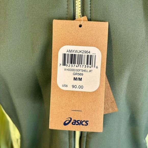 Asics Softshell Green Jacket Hood Full Zip Color Block Rain Water Resistant Med - Picture 5 of 9